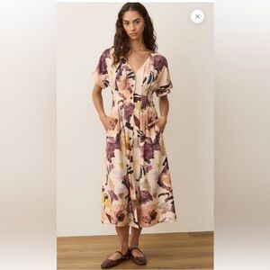 Marine Layer Floral Watercolor Midi Dress in Cream and Purple